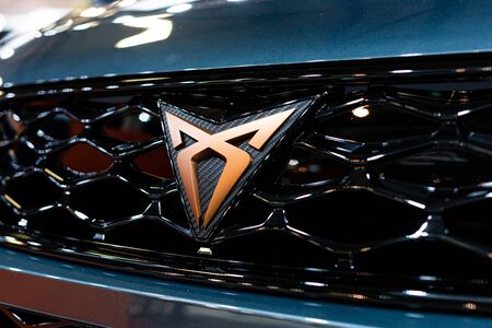Riga, Latvia - April 12, 2019: Close-up of the Seat Cupra emblem - imageのeditorial素材