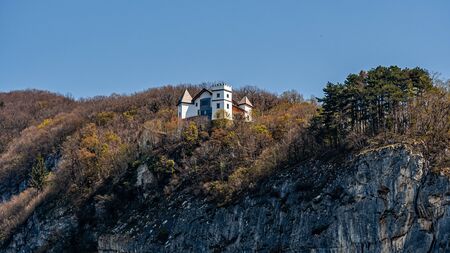 Geneva, Switzerland - April 14, 2019: A lonely house in the Alps near the French-Swiss border -...