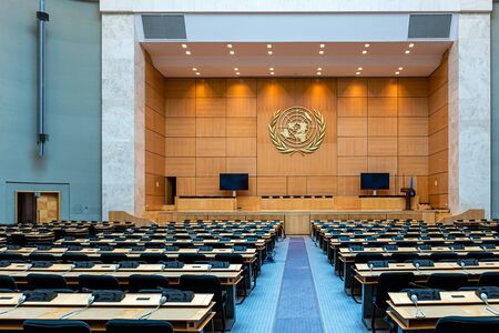 Geneva, Switzerland - April 15, 2019:  An assembly hall in the Palace of Nations - UN headquarters in Geneva, Switzerland - imageのeditorial素材