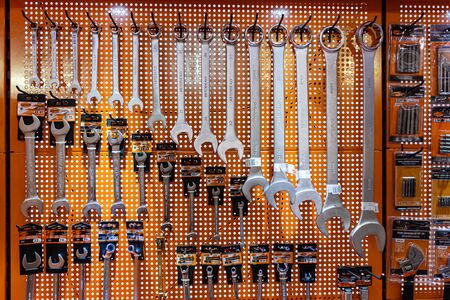 Riga, Latvia - April 12, 2019: Box with special tools in car repair shop, closeup - imageのeditorial素材