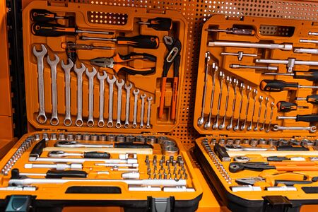 Riga, Latvia - April 12, 2019: Box with special tools in car repair shop, closeup - image