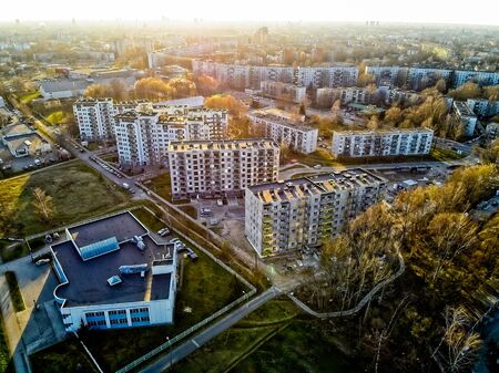 residential district of Riga, Purvciems from above in sunset, Latviaの写真素材
