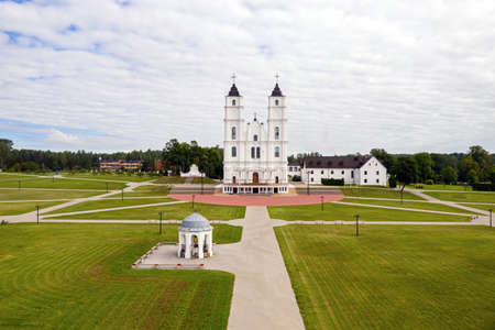 aerial view on white Chatolic Church basilica in Aglona, Latvia, Basilica from the main entranceの写真素材