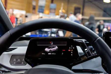 electric car interior digital dashboard with touchscreen functions, close-upの写真素材