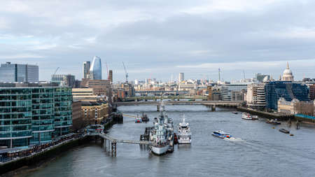 London, England, UK - January 3, 2020: Aerial view on thames and london cityのeditorial素材