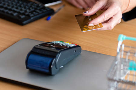 woman using payment card terminal to shop online with credit card, credit card reader, finance...