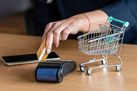 woman using payment card terminal to shop online with credit card, credit card reader, finance...