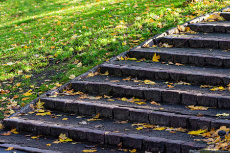 stone stairs with steps covered with fallen leave in city parkの写真素材