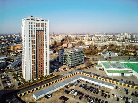Riga, Latvia - April 7, 2020: residential district of Riga, Purvciems from above, soviet time...