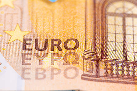 Close-up pattern from euro banknotes, Euro banknote as part of the economic and trading systemの写真素材