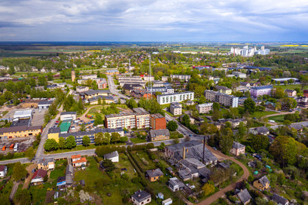 aerial view of the Dobele city, Industrial and residential buildings, streets and parks, Latviaの写真素材