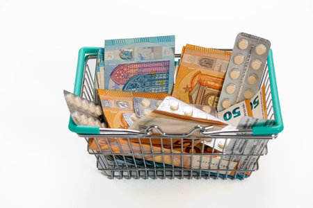 shopping basket with tablet blisters and euro banknotes, expensiveness of medicine conceptの写真素材