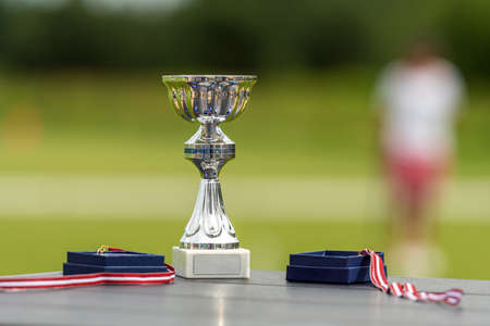 sports game prizes - cup and medals on the background of a defocused croquet court, closeupの写真素材