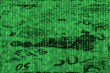 binary code grid from bright green numbers on the background of euro banknotes, e-commerce concept