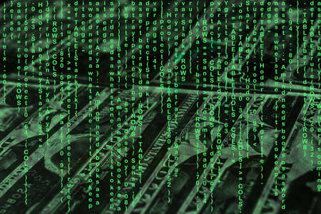binary code grid from bright green numbers on the background of dollar banknotes, e-commerce conceptの写真素材