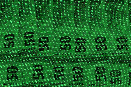 binary code grid from bright green numbers on the background of euro banknotes, e-commerce conceptの写真素材