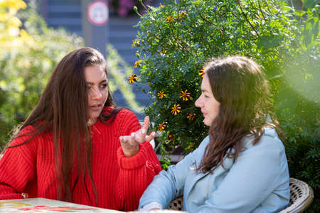 two women at cafe, talking, laughing and enjoying their time, lifestyle and friendship conceptsの写真素材