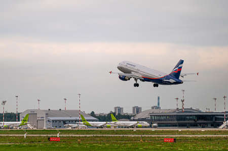 Riga, Latvia - August 31, 2021: Russian Airlines Airbus A320 VQ-BIU takes off from RIX International...
