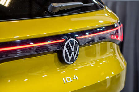 Riga, Latvia, Sep 24, 2021: LED rear lights and car design closeup of nev VW ID4 electric SUV, model 2021, exterior designのeditorial素材