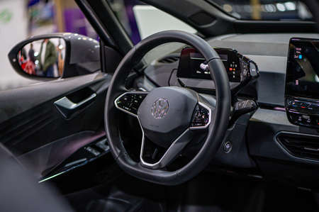 Riga, Latvia, Sep 24, 2021: Volkswagen id.4 fully electric SUV steering wheel and dashboardのeditorial素材