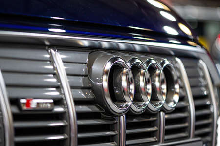 Riga, Latvia, Sep 24, 2021: Audi emblem on a Audi e-tron sportback grill, Audi AG is a premium German automobile manufacturerのeditorial素材