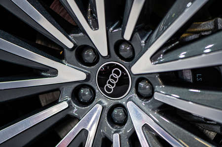 Riga, Latvia, Sep 24, 2021: Wheels and brake parts of compact luxury crossover SUV Audi Q5...