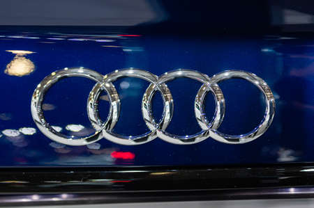 Riga, Latvia, Sep 24, 2021: Audi logo rings on the back of the blue Audi Q5 luxury SUV, closeupのeditorial素材
