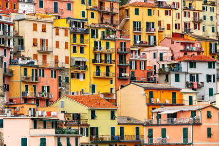colorful buildings and old facade with windows in small village Manarola Cinque terre in liguriaのeditorial素材