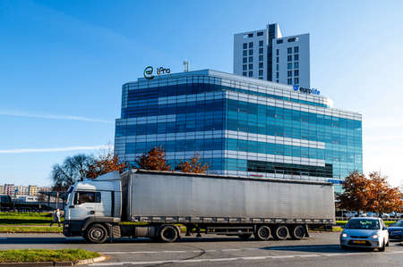 Riga, Latvia, October 29, 2021: exterior of modern business center with offices on G. Astras Street in Rigaのeditorial素材