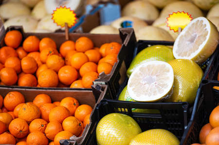 rows of ripe mandarins, oranges and other fruits in wooden boxes on the market, closeup