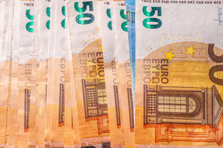 Money background from 50 and 20 euro banknotes. Euro banknote close-upの写真素材