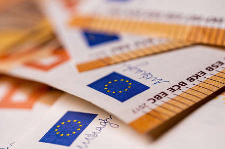 Money background from 50 euro banknotes. Euro banknote close-upの写真素材