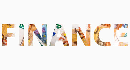 word FINANCE from euro banknotes isolated on white background, money textureの写真素材