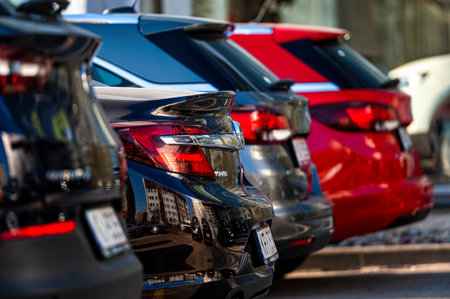 Riga, Latvia, March 18, 2022: A row of new Opel cars at the official dealership service center, rear view of the carのeditorial素材