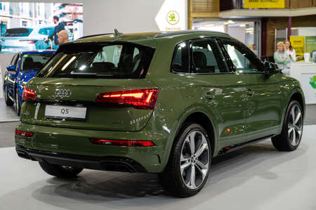 Riga, Latvia, April 29, 2022: Audi Q5  S line premiere at a motor show, 2022 model, rear view