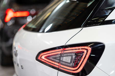 Riga, Latvia, April 29, 2022: LED taillights and car design closeup of nev Hyundai Nexo hydrogen...