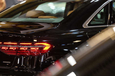 Riga, Latvia, April 29, 2022: LED rear lights and car design closeup of nev Audi A8 limousine, model 2022, exterior designのeditorial素材