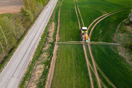 top down view of the tractor spraying the chemicals on the large green field, agriculture conceptの写真素材