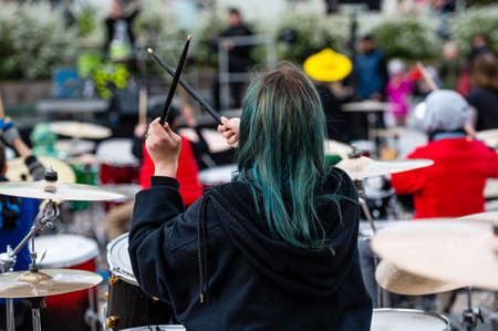 Dobele, Latvia - May 13, 2022: Summit of small drummers in the historical time of Dobele market, Dozens of drummers play various compositions synchronouslyのeditorial素材