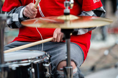 Dobele, Latvia - May 13, 2022: Summit of small drummers in the historical time of Dobele market,...