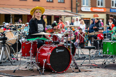 Dobele, Latvia - May 13, 2022: Summit of small drummers in the historical time of Dobele market,...