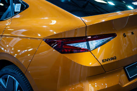 Riga, Latvia, April 29, 2022: rear LED lights closeup of nev Skoda Enyaq Coupe IV electric SUV, model 2022, car exterior designのeditorial素材