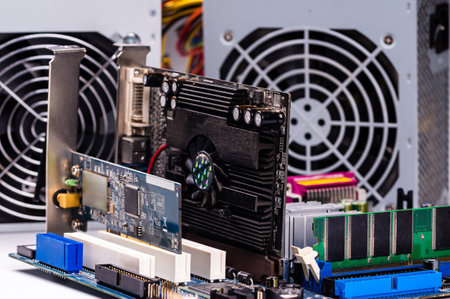 fragment of computer circuit board with components on the background of power supply fans, closeup