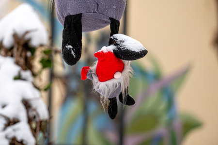 Christmas toys on the Christmas tree. Snow on a branch. Street decoration in winter.の写真素材