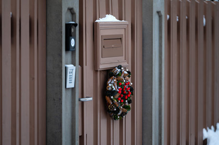 Christmas wreath on the gate at the entrance of the residential house, close-upの写真素材