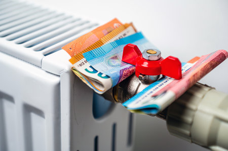euro banknotes in a central heating radiator, the concept of expensive heating costs, close-upの写真素材
