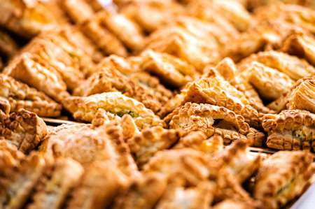 tray of freshly baked traditional bouillon pies on a shelf in a market,  close-up