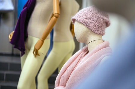 boutique with womens fashion, mannequins with winter hats and scarvesの写真素材