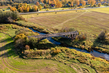 Aerial view of bridge to nowhere. Unfinished and abandoned railway overpass bridge. Sati, Latviaの写真素材
