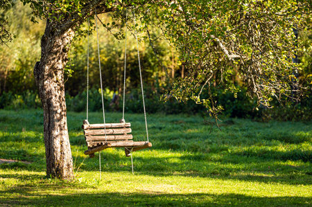 Garden old wooden swing in the backyard of a rural house.